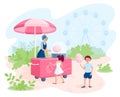 Children in the park buy cotton candy from a saleswoman with a mobile cart. Cartoon vector illustration Royalty Free Stock Photo